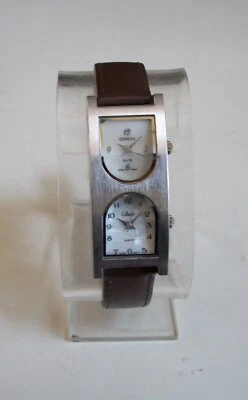 Серебряная отделка коричневый кожаный ремешок 2 часовой пояс двойной время моды женщин весело часы - Изображение 1 из 4