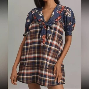 Anthropologie Pilcro Short-Sleeve Bow-Front Tunic Mini Dress Multi Print Plaid L - Picture 1 of 11