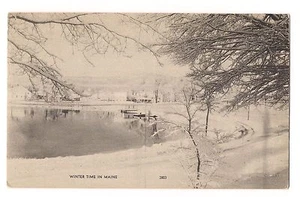 WINTER TIME IN MAINE Sepia Black and White POND SNOW Scene Postcard ME - Picture 1 of 2