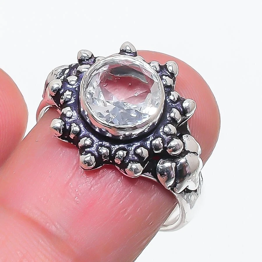 Anillo de joyería de plata de ley 925 hecho a mano con piedras preciosas de topacio blanco talla 7 (EE. UU.) Foto 1 de 1
