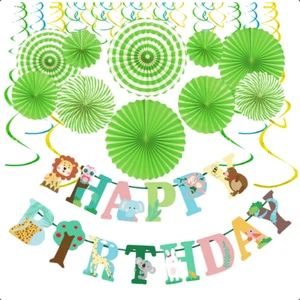 Woodland, Jungle, Birthday Decorations 25 Piece Fans, Swirls, Birthday Banner. - Picture 1 of 1