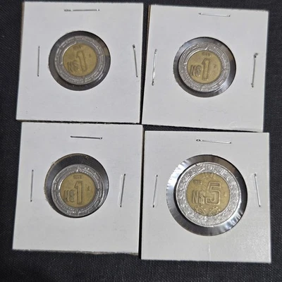 Juego de 4 monedas mexicanas bimetálicas 3 - 1 nuevo peso y 5 nuevos pesos Foto 1 de 2