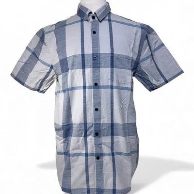Volcum L Men’s Button Up Shirt Short Sleeve Blue Plaid 100% Cotton Pocket - Image 1 of 4