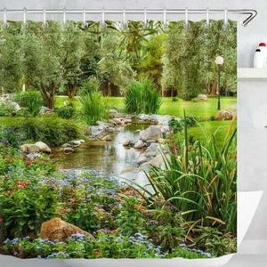 Park Stream / Pond Shower Curtain -3D Outdoor Garden Fence Scenic - Picture 1 of 9