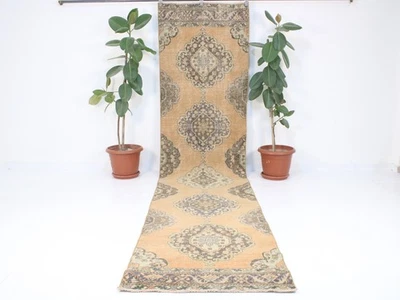 Vintage Orange Brown Long Runner Rug Hand Knotted Turkish Wool 2.9x12.7 ft - Image 1 of 4