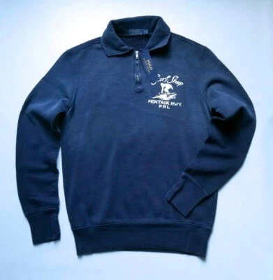 $145 POLO RALPH LAUREN MONTAUK HWY. PRL SUN-FADE MENS QUATER-ZIP BLUE SWEATER - Image 1 of 4
