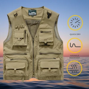 Men's Breathable Fishing Vest Camping Hiking Multi Pocket Quick Drying Jacket - Picture 1 of 19