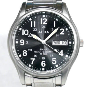 SEIKO ALBA Military Field Watch V158-0AX0 2016 Black Solar Powered DayDate Japan - Picture 1 of 8
