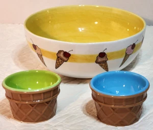 Pottery Barn Ice Cream Serving Bowl Ceramic & 2 Sundae Dessert Bowls - Picture 1 of 9
