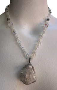 Vtg Natural 1" Quartz Crystal Druzy Cluster Pendant Beaded Necklace 18" Toggle - Picture 1 of 9