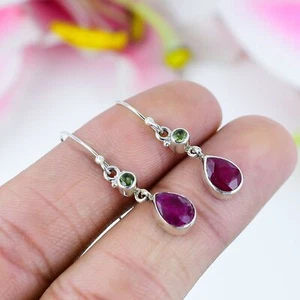Red Ruby(Simulated),Peridot Handmade 925 Sterling Silver Gift Earring 1.5" - Picture 1 of 3