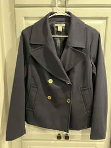 Liz Claiborne Navy Double Breasted Gold Buttons Blazer Pea Coat Pockets Sz L - Picture 1 of 12