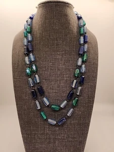 40" Art Glass Bead Necklace with Pastel Blue, Navy Blue, and Teal 15mm links - Picture 1 of 5