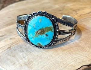 vintage large NAVAJO TURQUOISE SILVER Cuff Bracelet FRED HARVEY - Picture 1 of 8