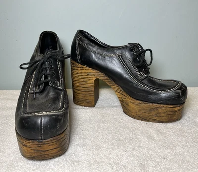 Vintage Flagg Bros Black Leather Platform Shoes Men’s 8 Women's 9.5 1970s RARE! - Image 1 of 4