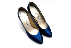 1980s Indigo Blue Pumps Retro Dyeables Designer Satin Stiletto Heels Shoe Size 6