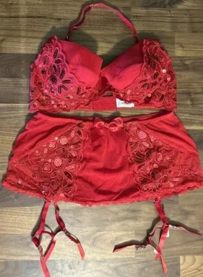 Frederick Of Hollywood Red 💋 Bra Thong Skirt Garter Lingerie Set Size M Sequin Foto 1 de 4