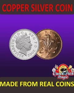 MONEDA DE PLATA DE COBRE DEL REINO UNIDO 10p - 2p / ¡HECHA DE MONEDAS REALES! ¡TRUCO DE MAGIA DE PRIMER PLANO! - Imagen 1 de 1