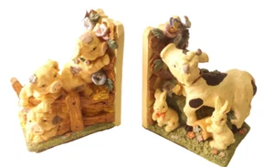 Cow Pig Bunny Rabbit Country Farm Animal Resin Hand Painted Bookend Set - Picture 1 of 6