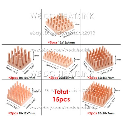 DIY 15pcs Pure Copper Heatsink Kit Radiator Cooler 10x10mm 15x15mm 20x20mm / 7mm - Image 1 of 4