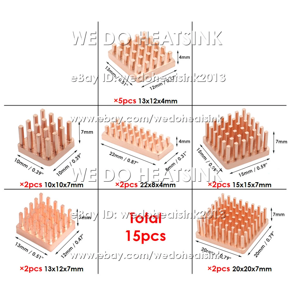 DIY 15pcs Pure Copper Heatsink Kit Radiator Cooler 10x10mm 15x15mm 20x20mm / 7mm - Image 1 of 4