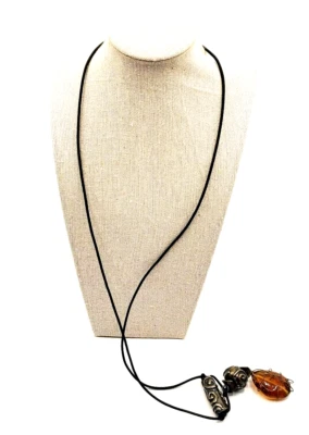 Chico's черный кожаный шнур ожерелье 34» клетке камень подвеска омар застежка винтажный - Изображение 1 из 4