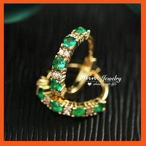 24K GOLD GF FRENCH PAVE EMERALD GREEN ALTERNATE 14MM BAND VINTAGE HOOP EARRINGS - Bild 1 von 8