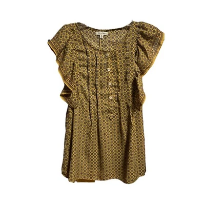 Blusa Max Studio Talla M Amarilla Geométrica Top Volantes Manga Gorra Abotonada Foto 1 de 4