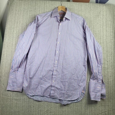 Thomas Pink Shirt Mens 16 34.5 Blue Pink White Striped Classic French Cuff Dress - Image 1 of 4