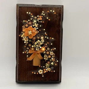 Vtg 70s Pol-O-Craft Nail Flower Art Wood Base Hanging Orange  and Brown 7.5x8.5 - Picture 1 of 13