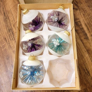5 Vintage West Germany Blau Lila Atom Lametta Klarglas Glimmer Schnee Ornamente - Bild 1 von 24