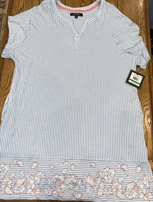 Camisón Ellen Tracy Grande Azul Blanco Rayas Rosa Flores Mangas Flutter NUEVO Foto 1 de 4