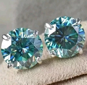 HUGE 20 Ct Treated Certified Blue Diamond Solitaire Stud Earrings, 925 Silver - Picture 1 of 7