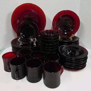 Vintage Ruby Red Dish Set Oval Bump Cadmium Glow 39 Pieces Plates Bowls Cups - Picture 1 of 17