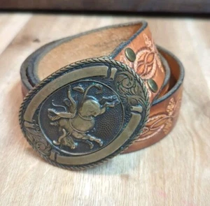 Cintura uomo vintage in pelle metamorfosi Seattle marrone fibbia ottone equitazione toro - Foto 1 di 9