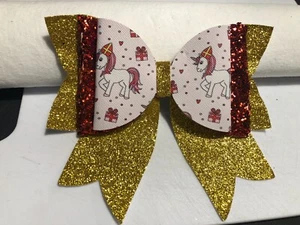 UNICORN 3 LAYER HAIR BOW WITH TAILS, 5.5" X 5", HOMEMADE, GOLD, RED AND WHITE - Picture 1 of 3