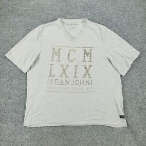 Sean John Shirt Men's 2XL Gray Graphic Tee V-Neck Short Sleeve Patch Spell Out