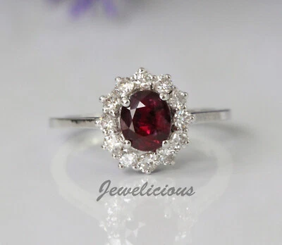New 14K White Gold Natural Certified Oval Ruby and Diamonds Halo Luxury Ring - Image 1 of 4