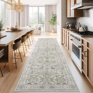 Hallway Runner Rug 3X10 Machine Washable - Vintage Floral Non-Slip Low-Pile Soft - Picture 1 of 6