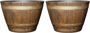 Whiskey Plastic Resin Flower Pot Barrel Planter, 15", Oak Brown (2 Pack) - Picture 1 of 12
