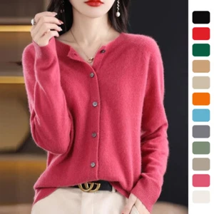 Fashion Merino Wool Cardigan Sweater Women O-Neck Long-sleeve Cashmere Knitwear - Picture 1 of 18
