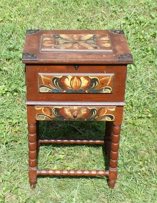 Vintage Swedish Sewing Table Syskrin Scandinavian Folk Art Kurbits Nightstand   - Image 1 of 4