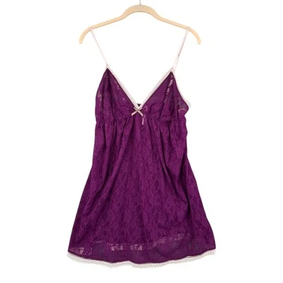 Gilligan & O'Malley Purple Lace Spaghetti Straps Bow Sheer Babydoll Lingerie XL - Image 1 of 4