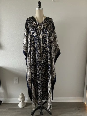 Винтажный Winlar атласный кафтан темно-синий золотой цветочный печать макси MuuMuu дом платье 70-х - Изображение 1 из 4