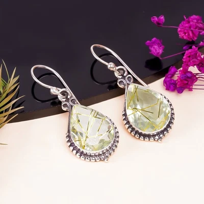 Golden Rutilated Quartz 925 Sterling Silver Earring, Christmas Gift, E13357 - Image 1 of 4