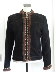 St John Collection Marie Gray Black w/Fur & Braid Trim Logo Zip Jacket 10 $1695 - Picture 1 of 20