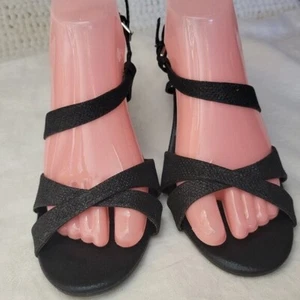 Fioni size 7 1/2 low heel dressy shoes black shimmery glitter slingback strappy - Picture 1 of 12