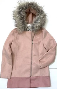 NEW COFFEE SHOP Girl Colorblock Party Coat Jacket Faux Fur Trim Hooded Sz M Pink - Picture 1 of 12