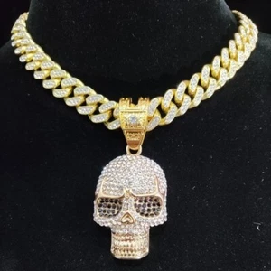 Gold / Silver Cuban Link Skull Pendant Necklace - Picture 1 of 2