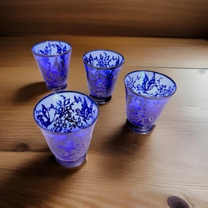 Kobaltblau Glas Schnapsgläser Silver Overlay farbiges Design 2,25" 4er Set Spitze - Bild 1 von 6
